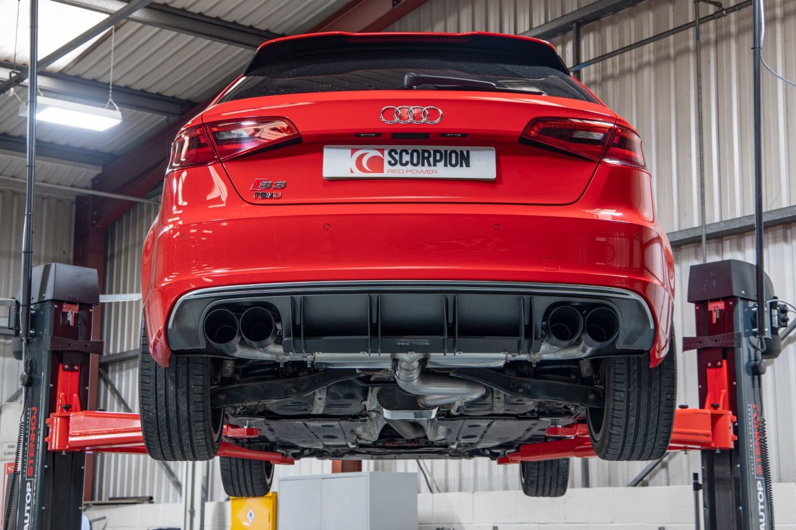 Scorpion Exhaust Resonated Cat/GPF-Back System With Valves Daytona Black Ceramic Tailpipe Audi S3 2.0T 8V 3-Door Facelift GPF Model 2019-2020